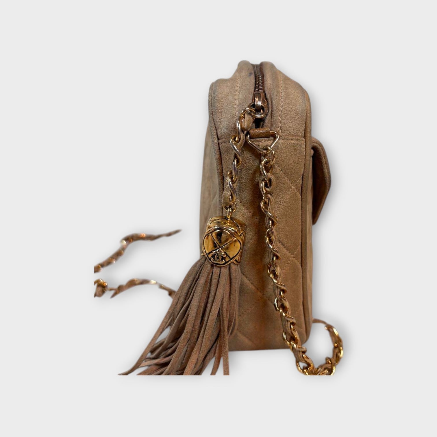 CHANEL Chain Shoulder Bag Matelassé Suede Leather Coco Mark Beige 【B】