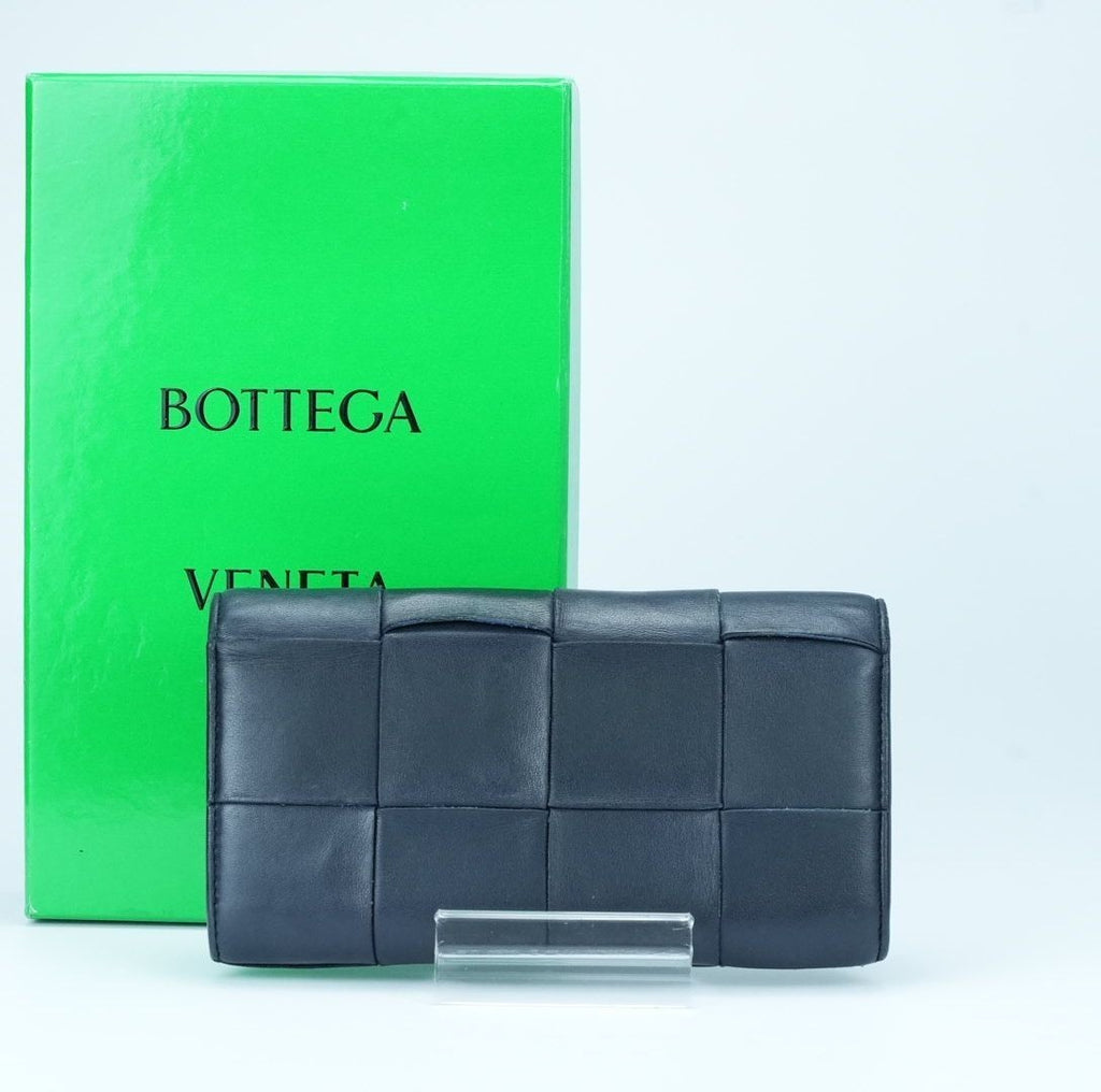BOTTEGA VENETA Cassette Intrecciato Navy Long Wallet with Built-in IC Chip