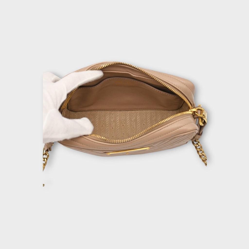 Prada Chain Shoulder Bag Triangle Logo Crossbody Bag 1BH102 Leather Beige 【A】