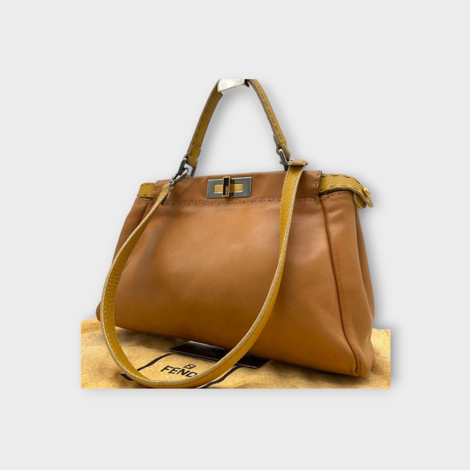 Fendi Selleria 2Way Handbag Shoulder Bag Leather Stitch Beige Yellow 【A】