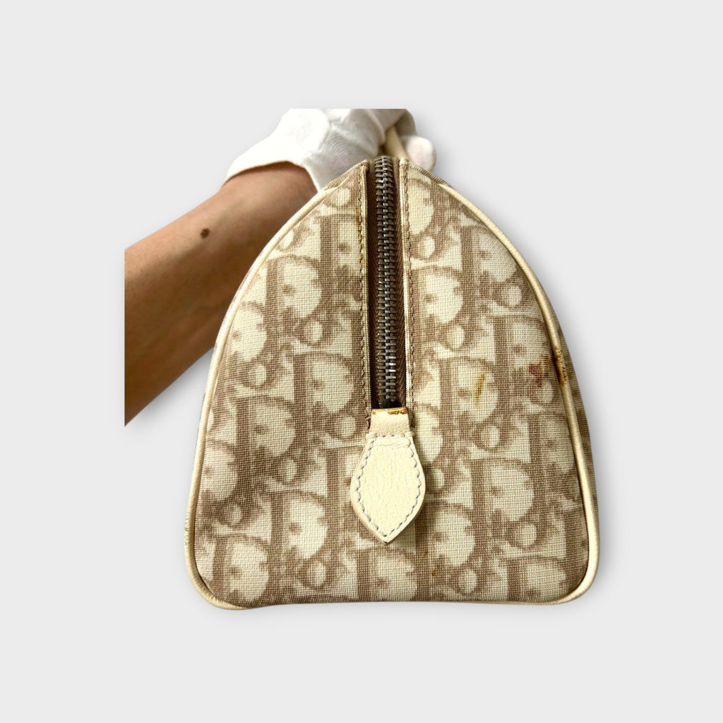 Dior Trotter PVC Leather Floral Handbag Tote Bag Beige Silver Hardware 【B】