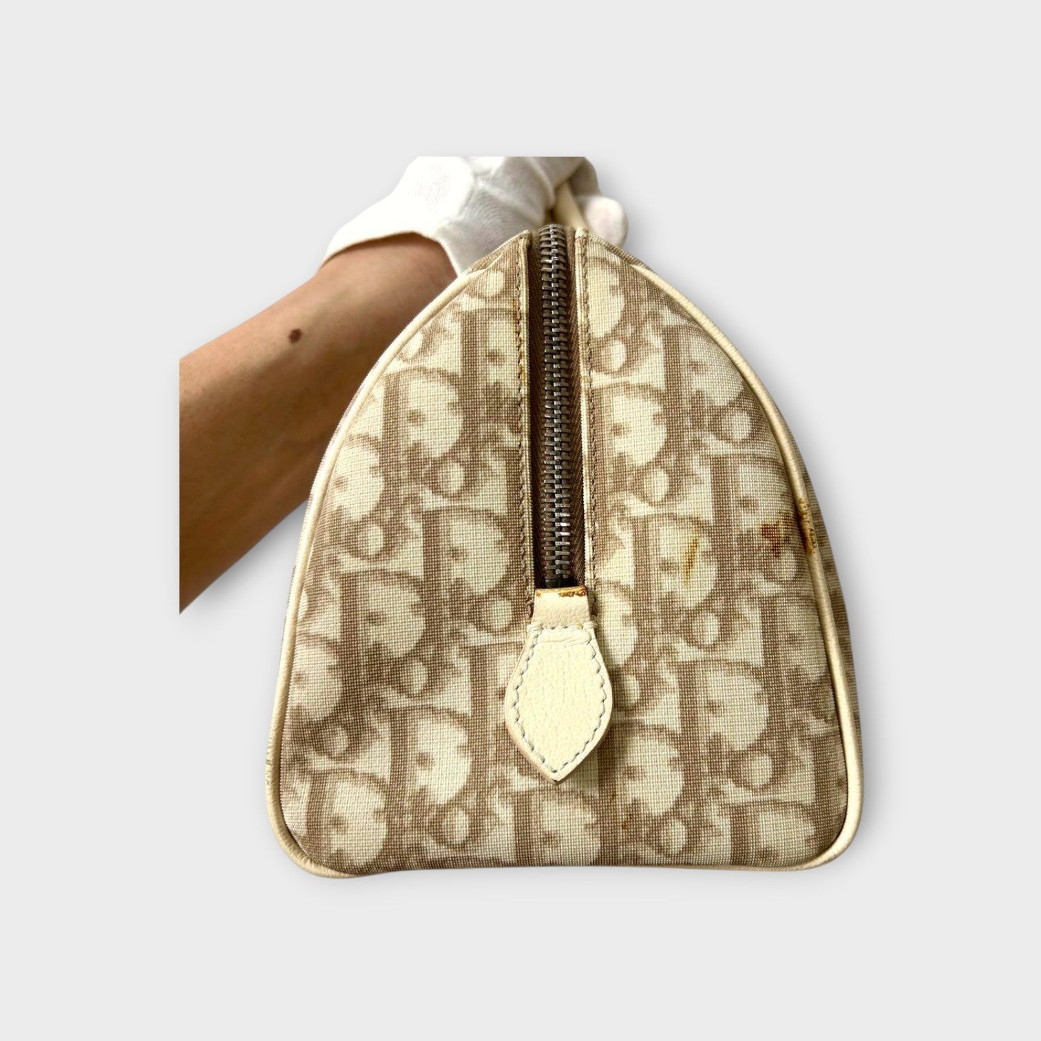 Dior Trotter PVC Leather Floral Handbag Tote Bag Beige Silver Hardware 【B】