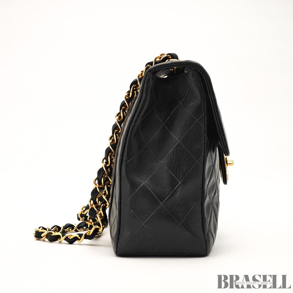 CHANEL Maxi Jumbo Matelasse Quilted Lambskin Chain Handbag Top Handle Bag Black