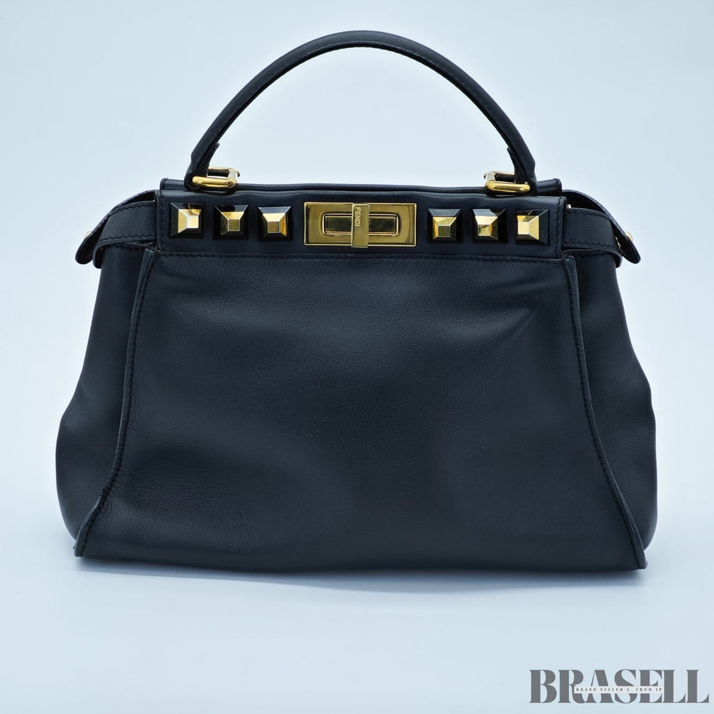 FENDI Peekaboo 8BN290 Large Black Leather Handbag Shoulder Bag Women’s