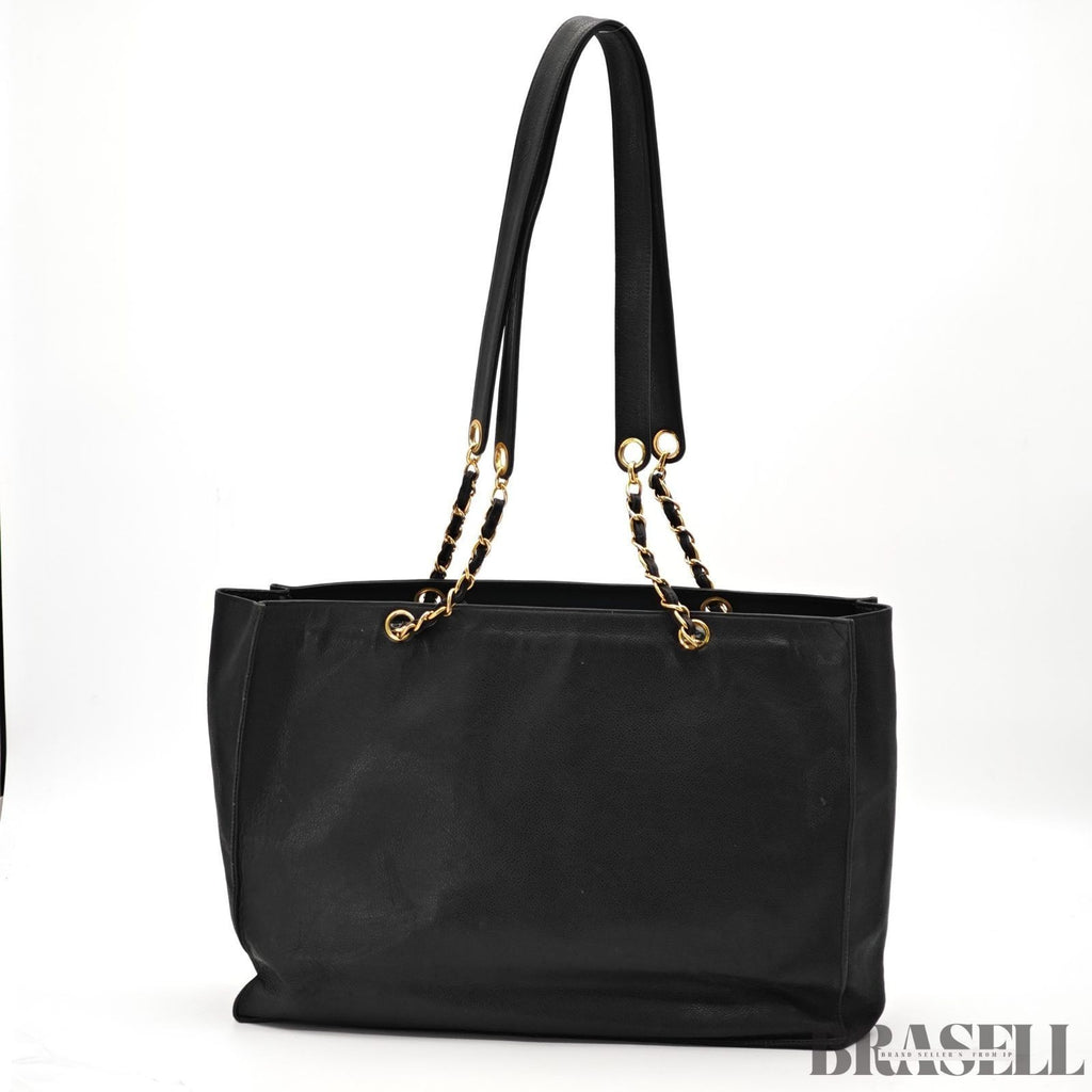 CHANEL Lambskin Chain Tote Bag Large CC Logo Chain Shoulder Business Tote Black