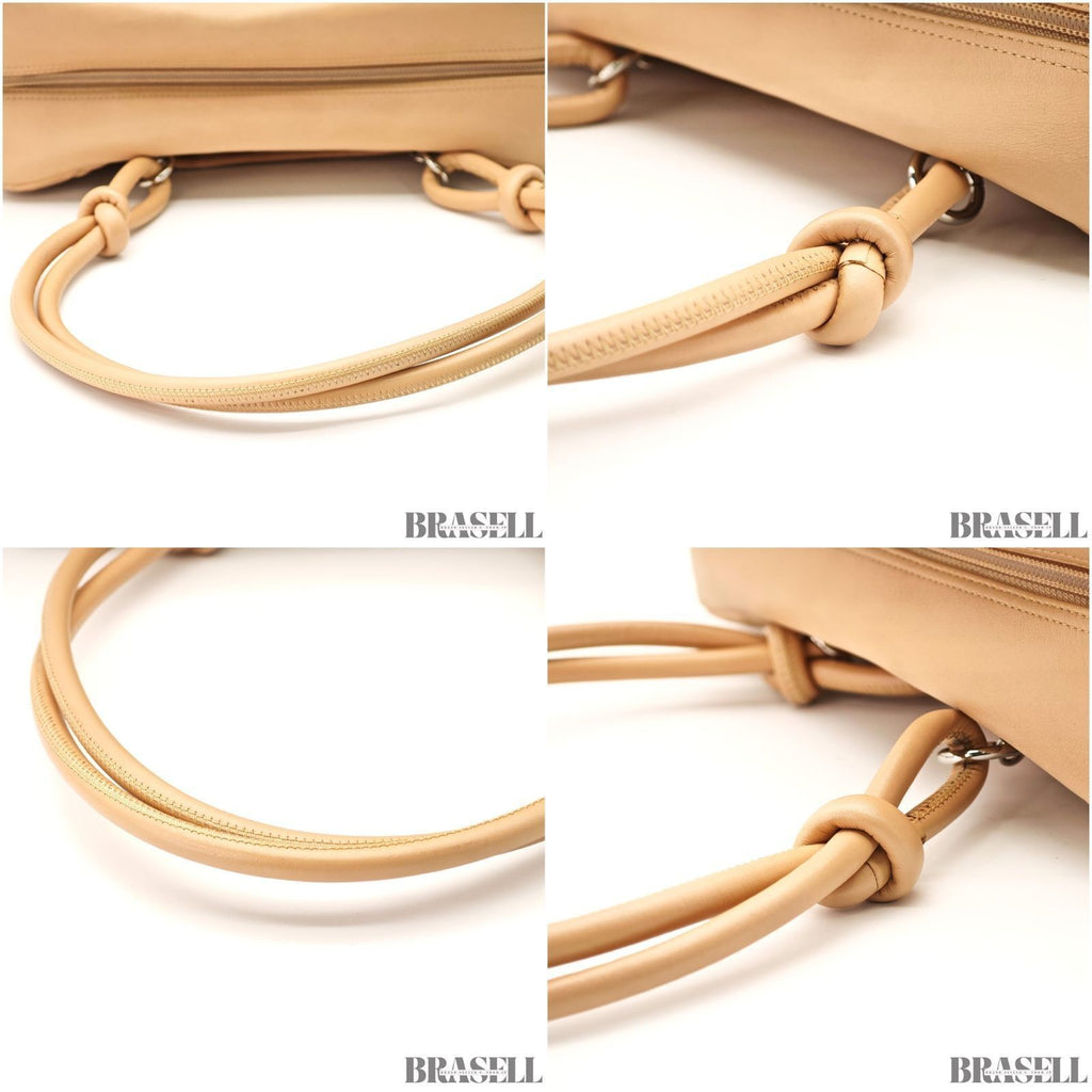 CHANEL Cambon Line Bowling Tote Bag Handbag Leather Beige with Warranty Card