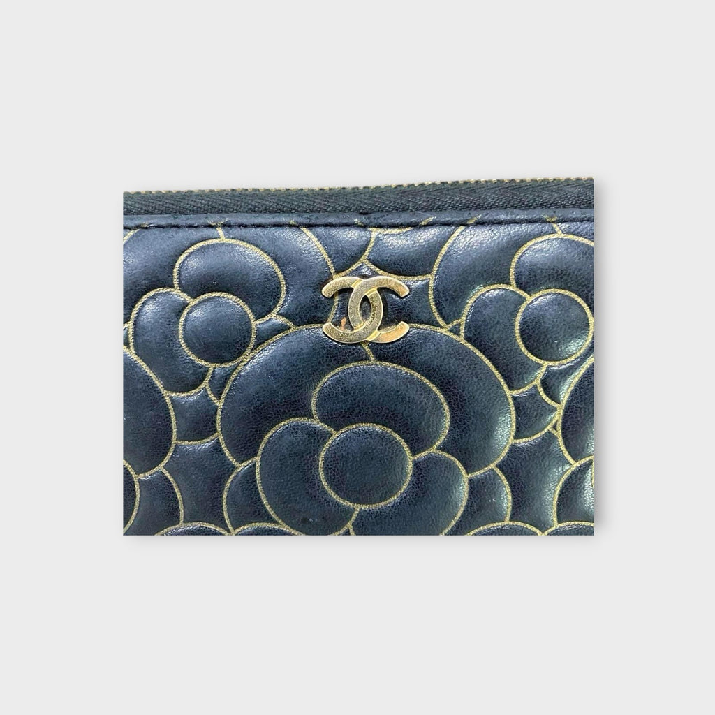CHANEL Camellia Zippy Long Wallet with Gold Line and Coco Mark
