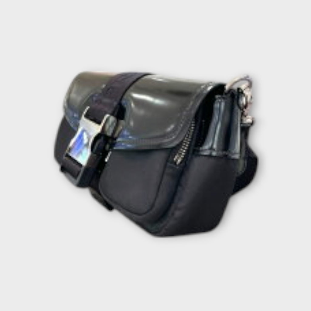 Prada Brushed Leather Shoulder Bag 1BD295 Black Patent Leather【B】