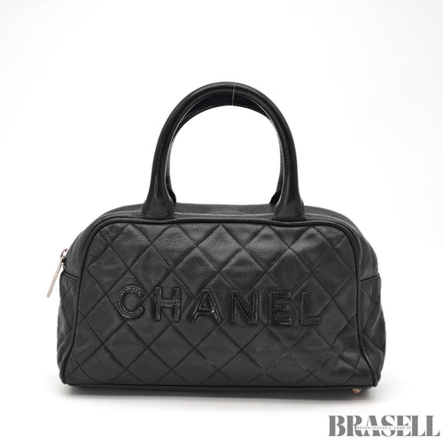 CHANEL Matelassé Caviar Leather Mini Boston Handbag Black with Guarantee Card