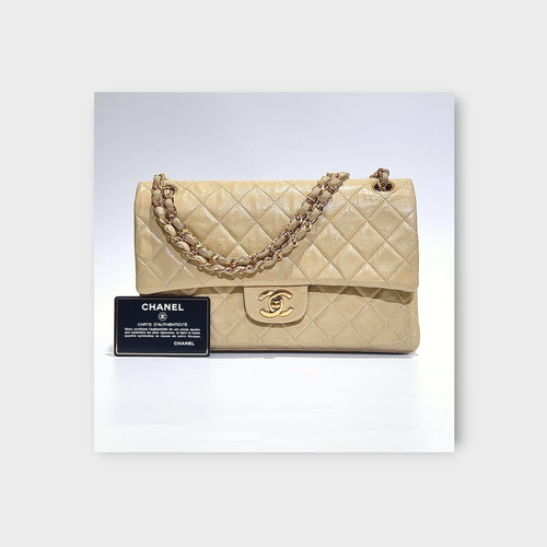 Chanel Classic Double Flap Bag 25 Beige Lambskin with Chain Strap and CC Logo【B】