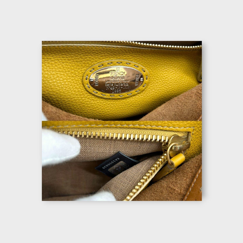 Fendi Selleria 2Way Handbag Shoulder Bag Leather Stitch Beige Yellow 【A】