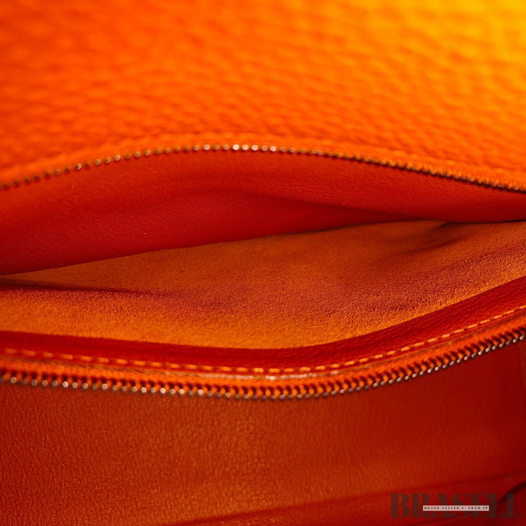 HERMES Kelly 28 Orange Silver Metal Taurillon Clemence 2way Handbag Shoulder Bag