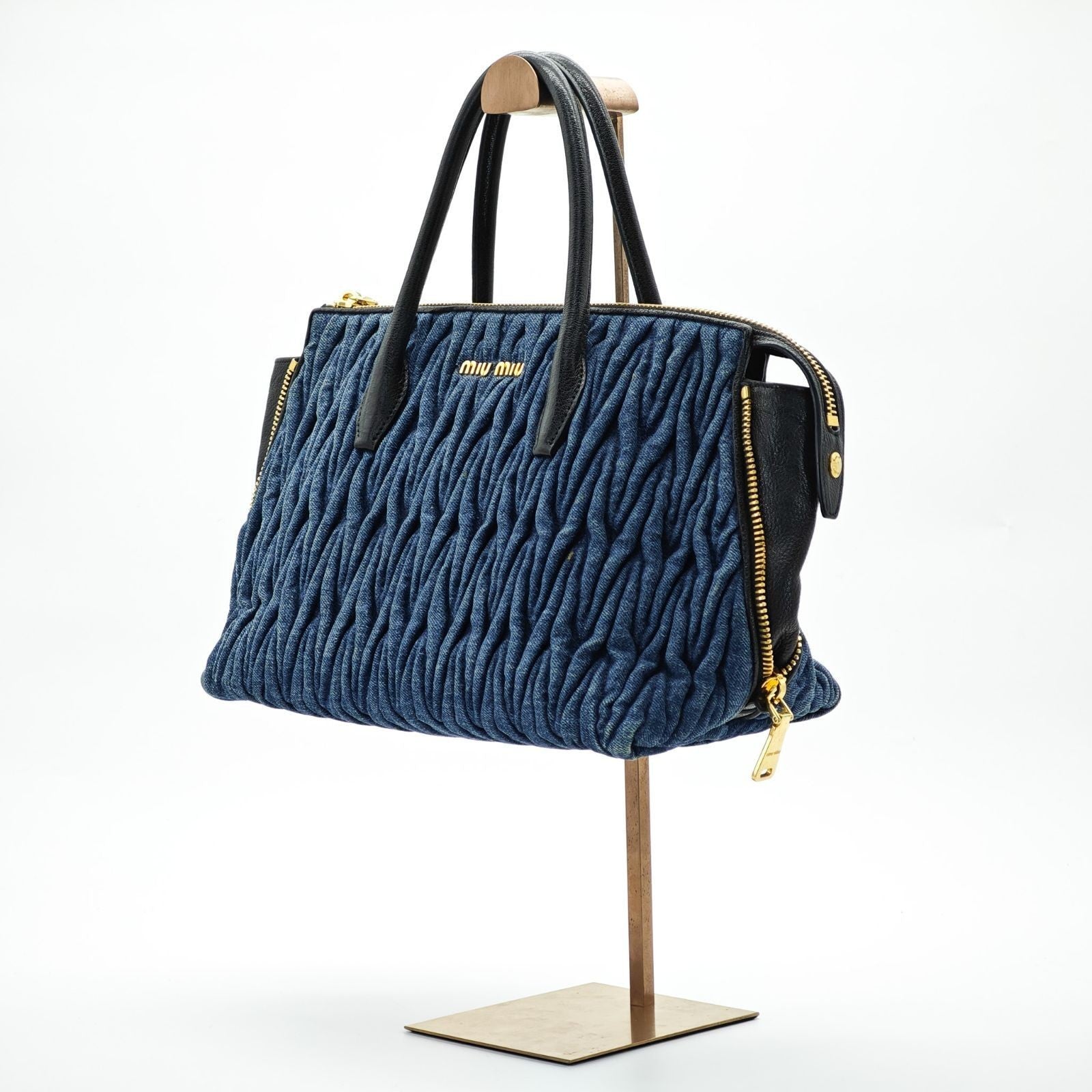 MIUMIU Matelassé Denim Canvas Handbag Horizontal Blue Men & Women