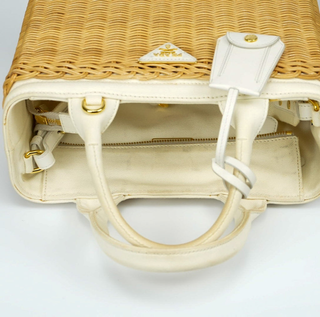 PRADA Canapa Wicker Basket Bag Rattan Raffia 2Way Beige White hand shoulder 【B】