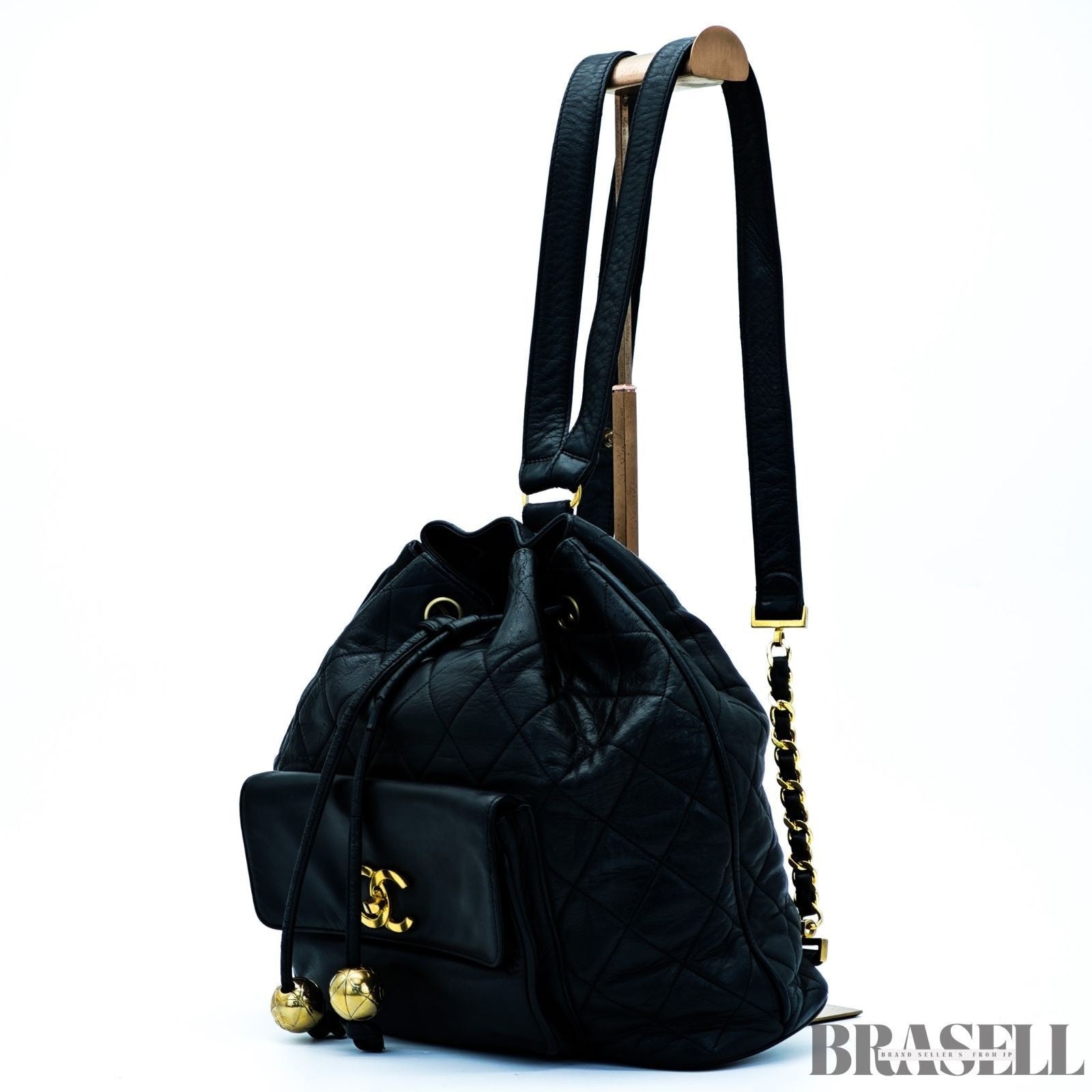 Chanel Vintage Matelassé Drawstring Backpack Rucksack Bag Black Women