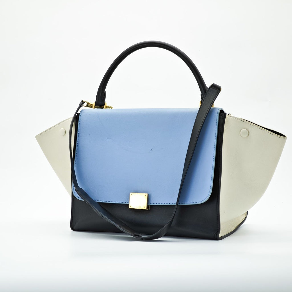 CELINE Trapeze Small 2-Way Handbag/Shoulder Bag Black Light Blue and Ivory