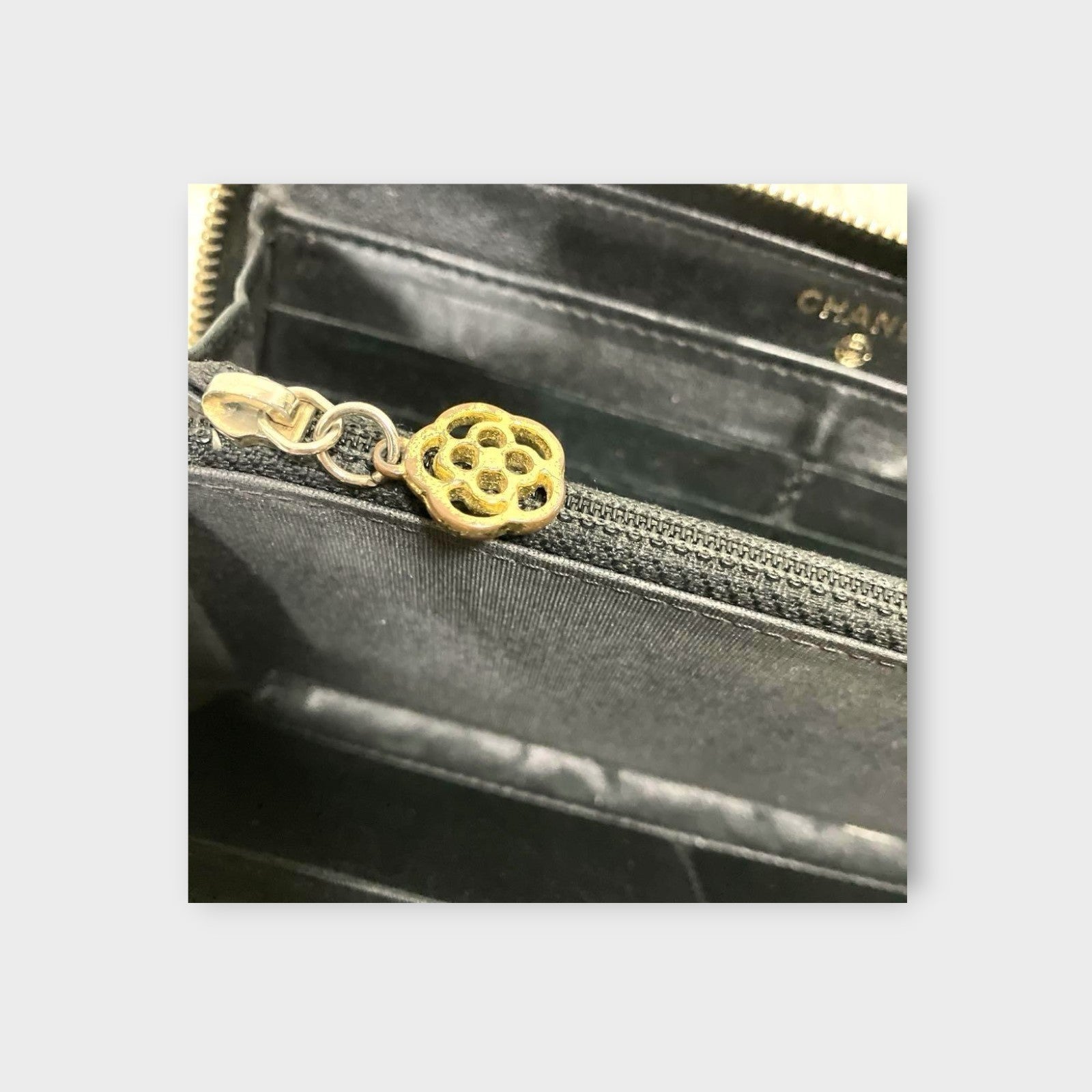 CHANEL Camellia Zippy Long Wallet with Gold Line and Coco Mark