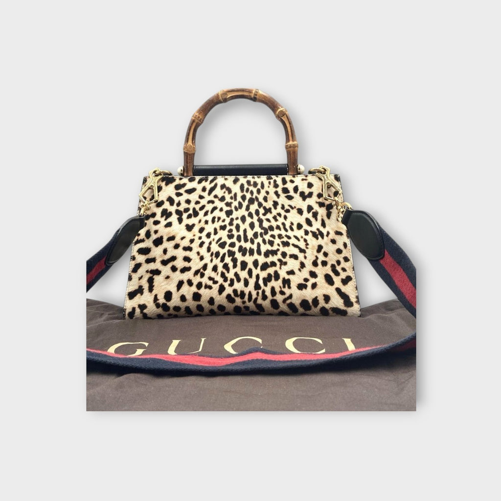 Gucci Nymphaea Bamboo Leopard 2WAY Handbag 459076 Beige Black Haircalf Leathe【A】