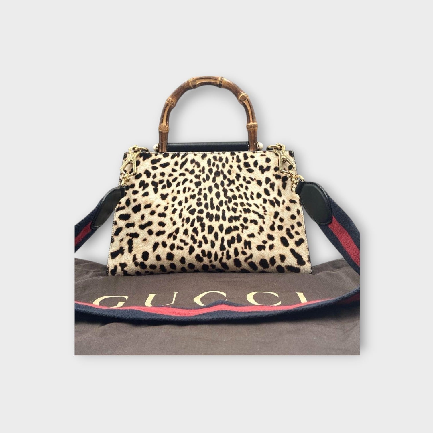 Gucci Nymphaea Bamboo Leopard 2WAY Handbag 459076 Beige Black Haircalf Leathe【A】