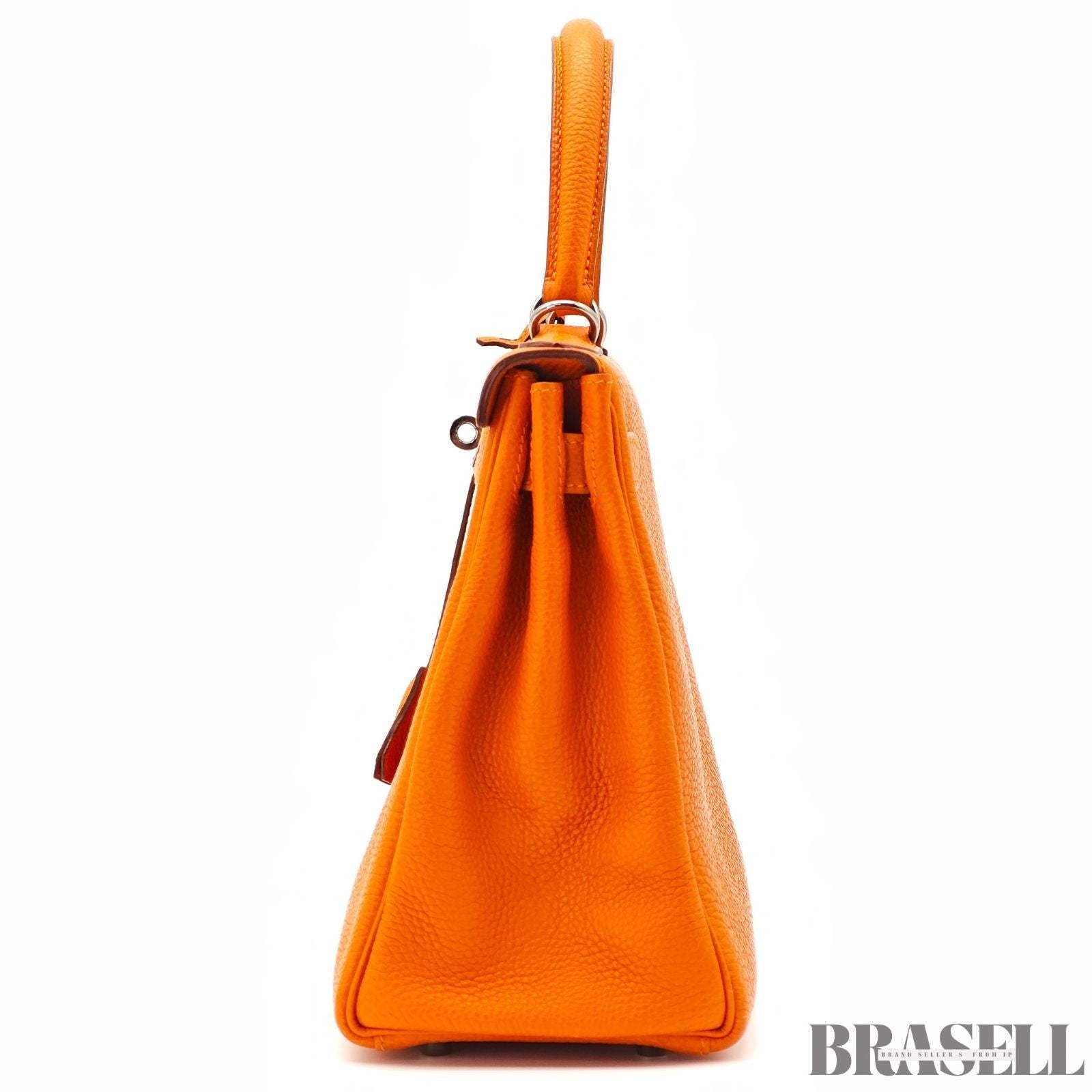 HERMES Kelly 28 Orange Silver Metal Taurillon Clemence 2way Handbag Shoulder Bag