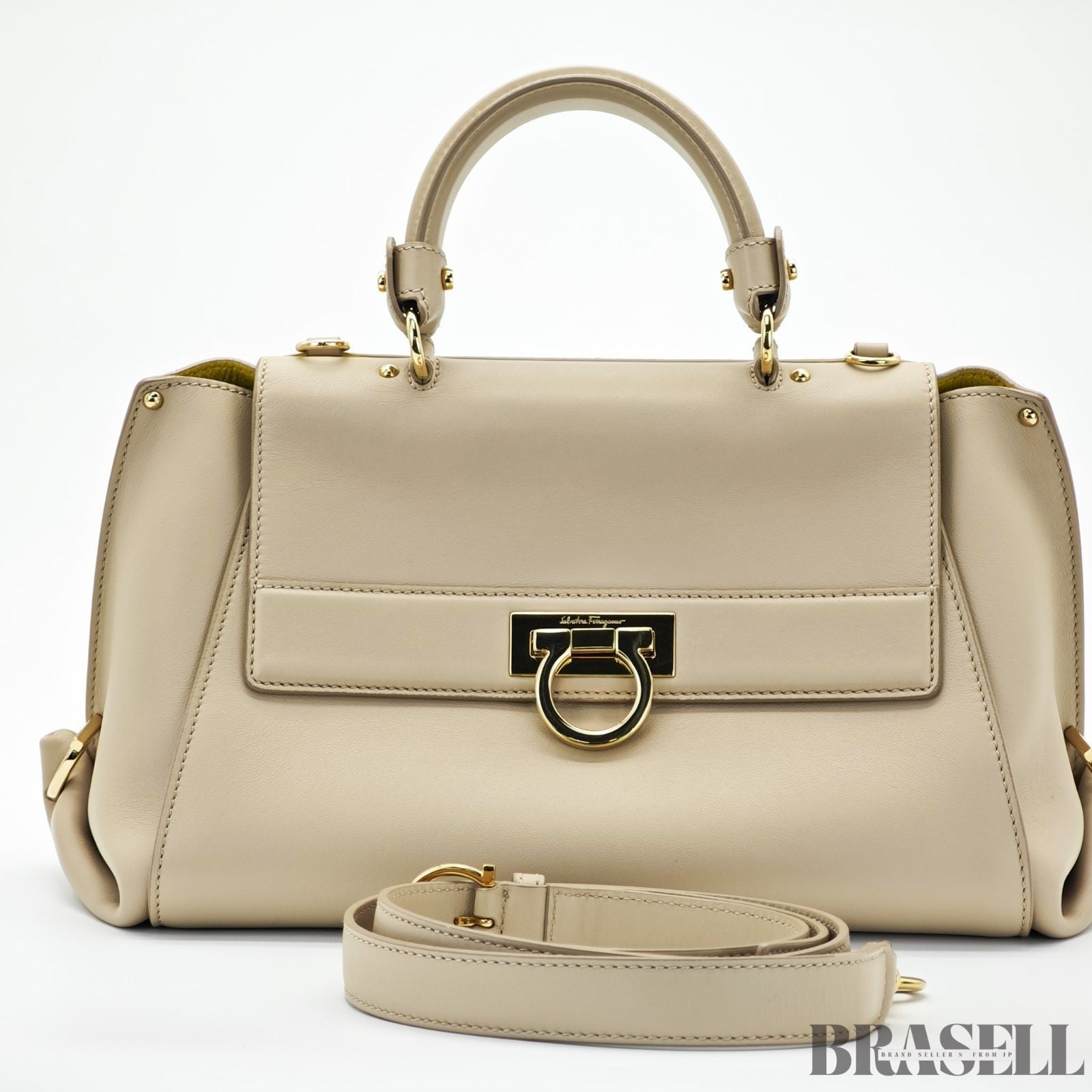 Ferragamo Gancini 2-Way Bag Shoulder Bag Handbag Beige Women’s