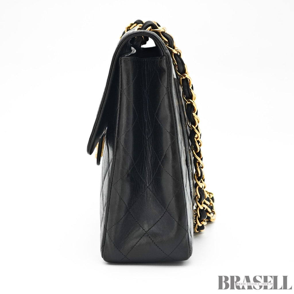 CHANEL Matelasse 30 Flap Chain Shoulder Bag Lamb Skin Black Gold CC Auth