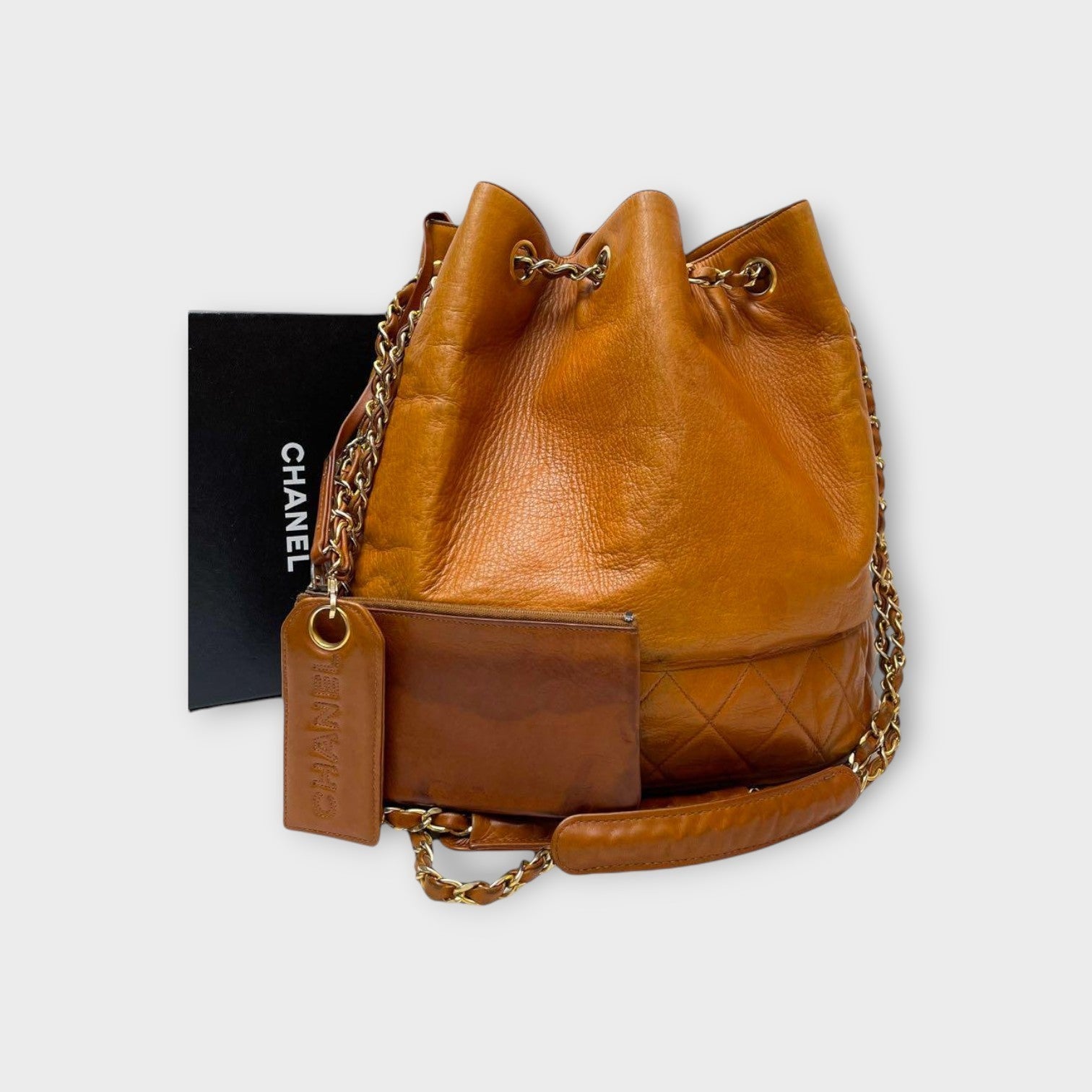 Chanel Matelassé Leather Drawstring Chain Shoulder Tote Bag Brown【B】
