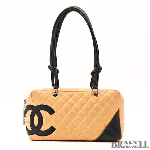 CHANEL Cambon Bowling Bag Handbag Leather Beige Black France Women