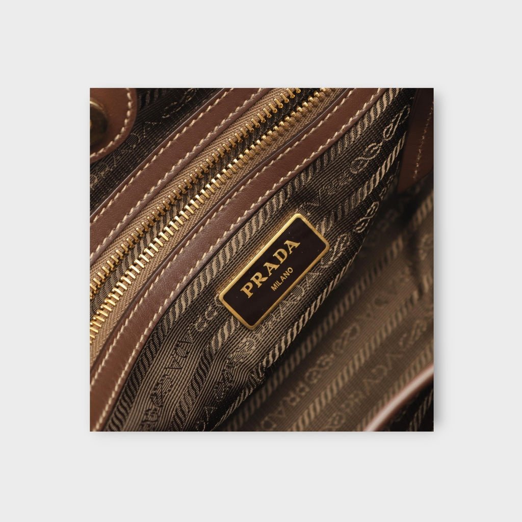 Prada Logo Jacquard Handbag Canvas Leather Beige Brown 1BA172 Gold Hardware 【A】