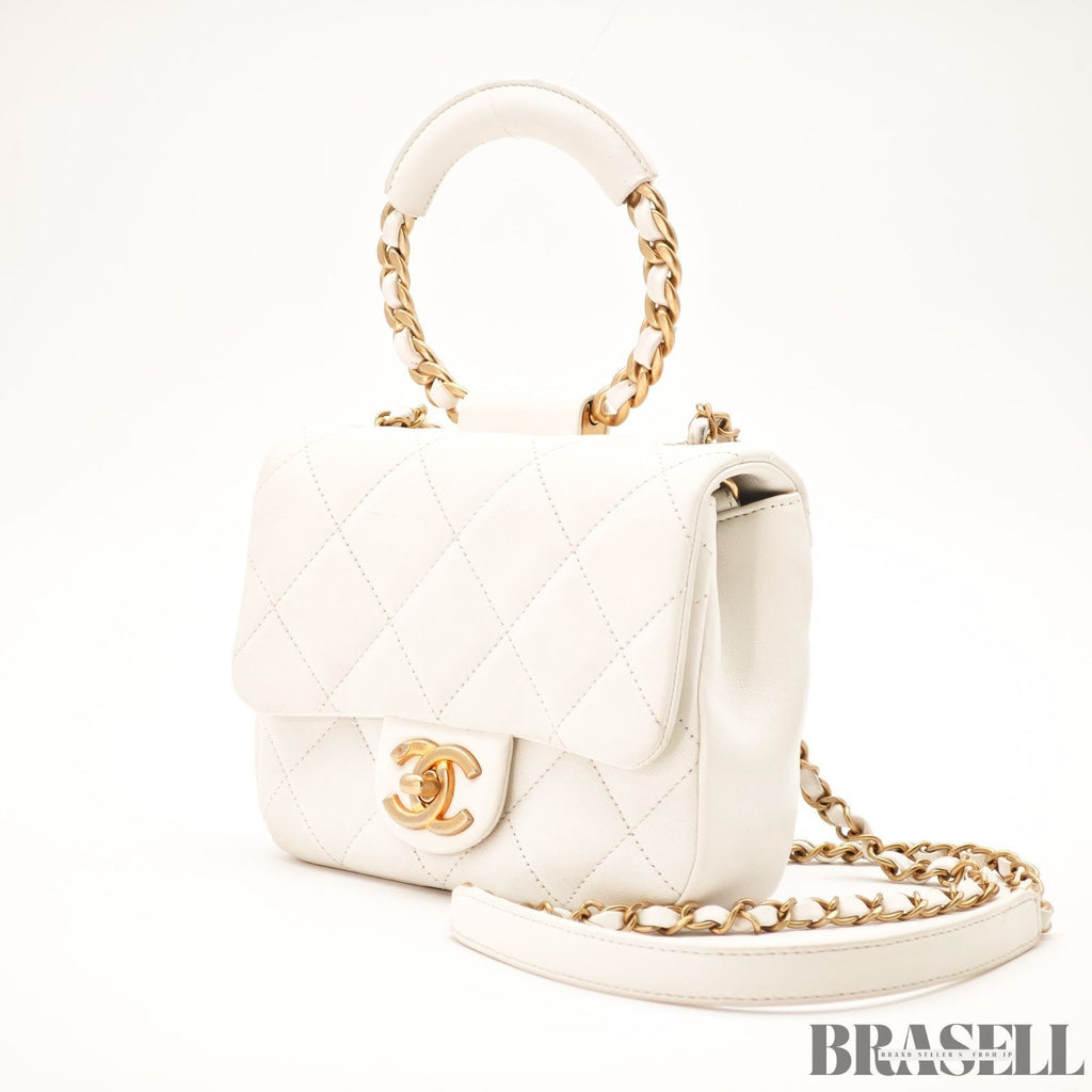 CHANEL Matelassé Top Handle Bag Handbag Shoulder Bag 2Way Lambskin White