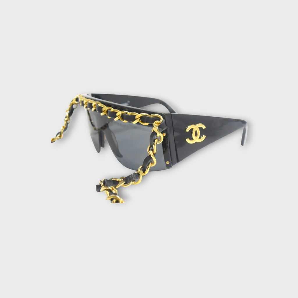 CHANEL Chain Sunglasses Coco Mark 0027 90 Leather Metal Black 【A】