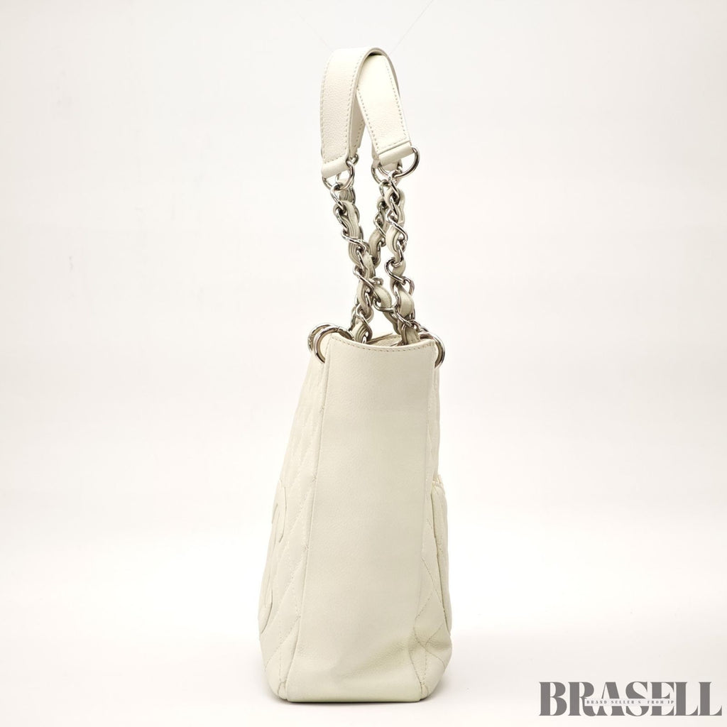 CHANEL Matelasse White Chain Tote Bag Handbag Caviar Skin w/ Box Authentic Card