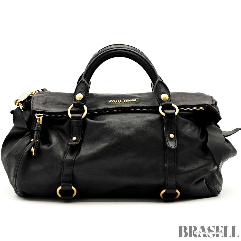 Miu Miu Ribbon 2Way Handbag Leather Black Shoulder Bag Woman Shoulder Strap