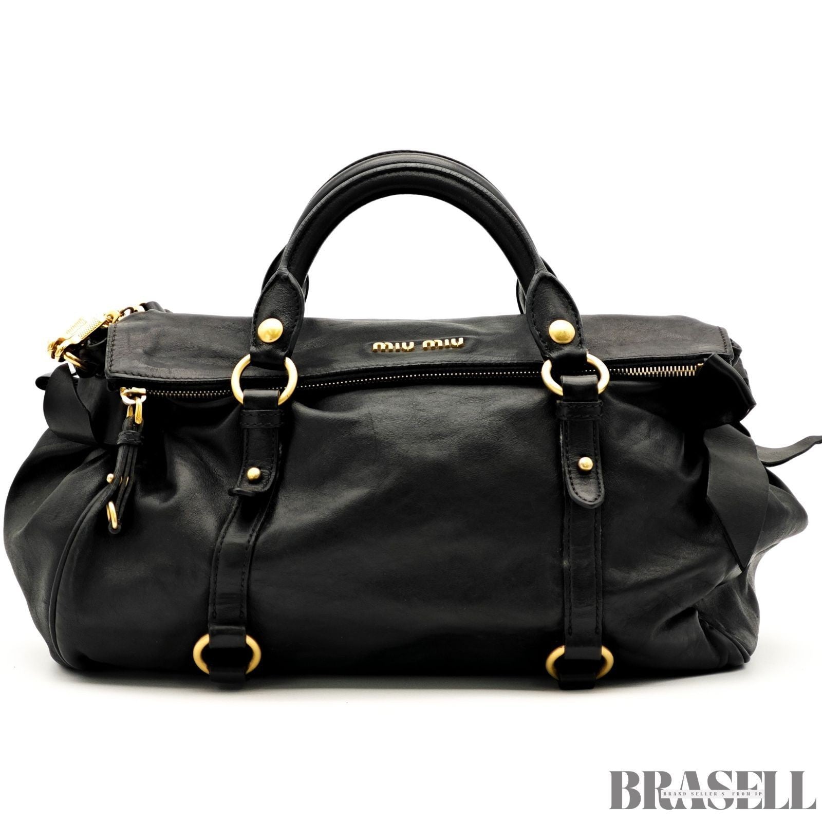 Miu Miu Ribbon 2Way Handbag Leather Black Shoulder Bag Woman Shoulder Strap