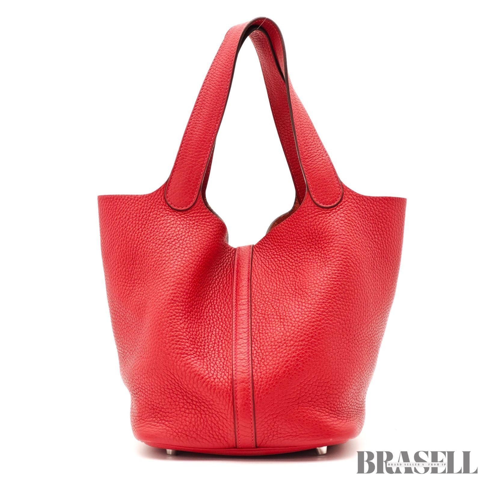 HERMES Picotin Lock Red Handbag Tote Bag Leather Silver Hardware with Padlock