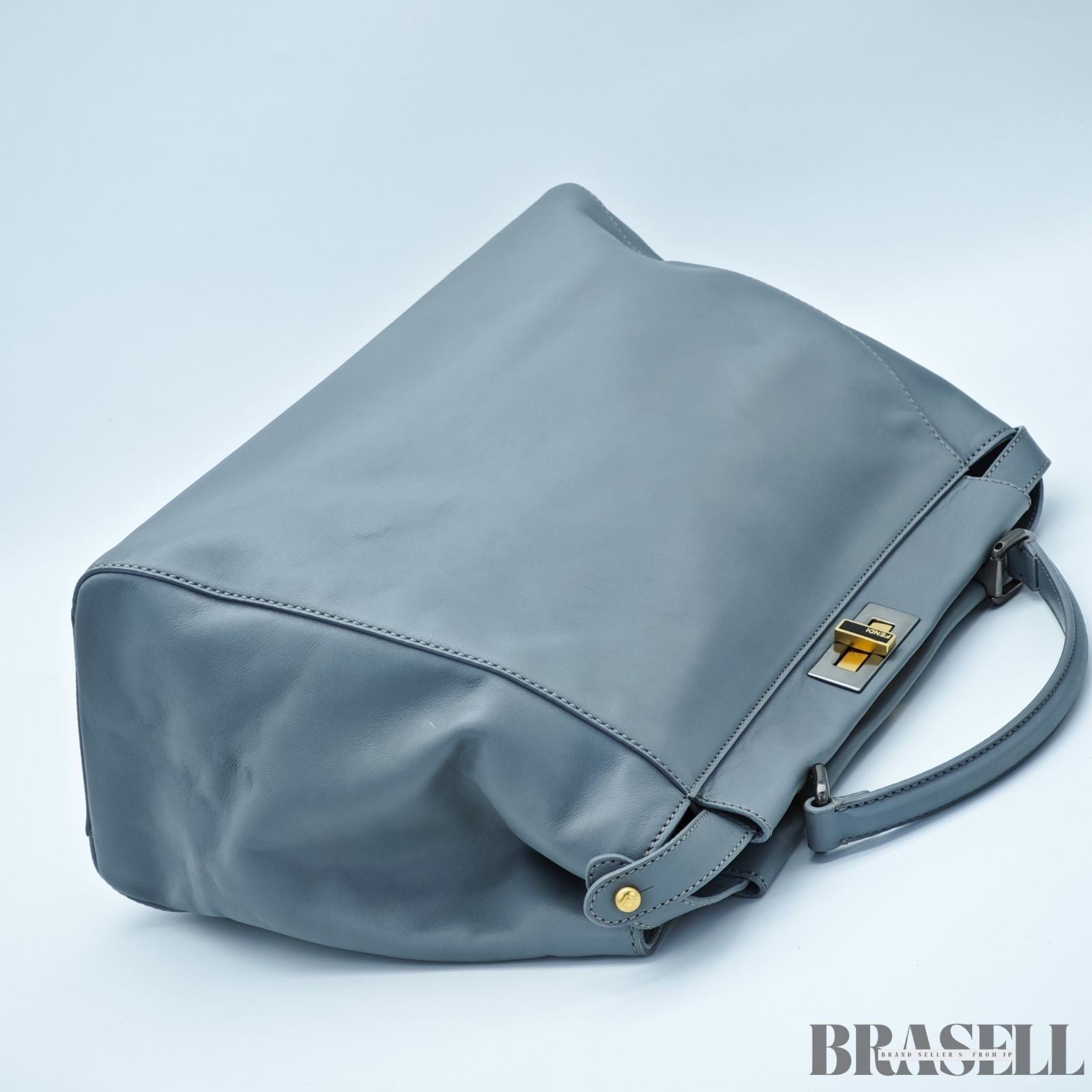 FENDI Peekaboo Large Gray Leather Handbag Shoulder Bag w/ Dust Bag Women's
