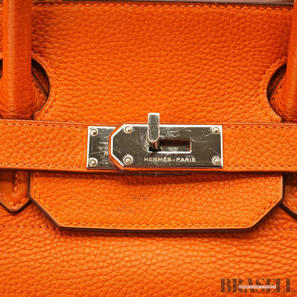 Hermes Shoulder Birkin 42 Taurillon Clemence Handbag Horizontal Orange silver