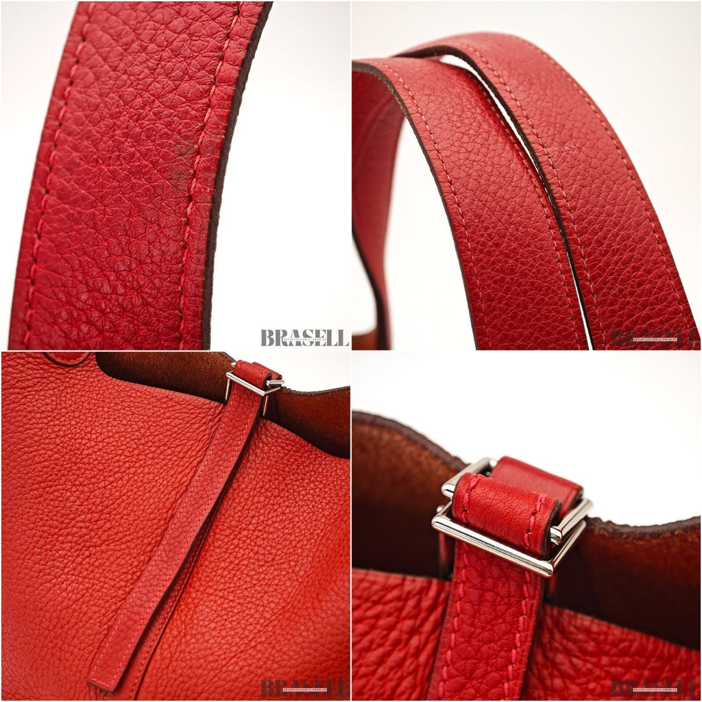 HERMES Picotin Lock MM Tote Bucket Handbag Leather Red w/ Dust Bag