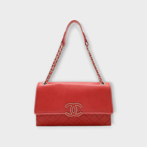 CHANEL Hamptons Coco Mark Chain Shoulder Bag Lambskin Leather Red