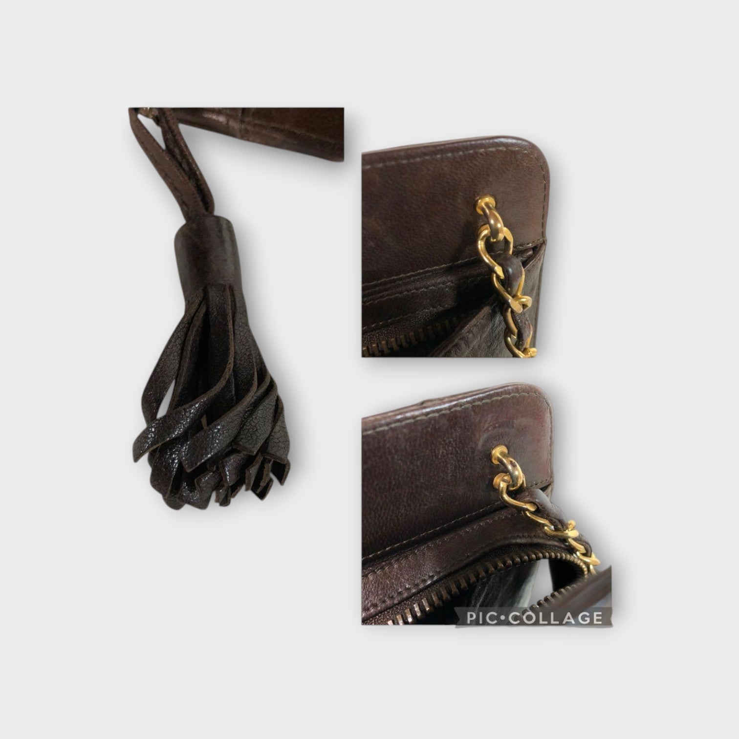 CHANEL Matelassé Lambskin Chain Shoulder Bag Fringe Gold Coco Mark Brown 【B】