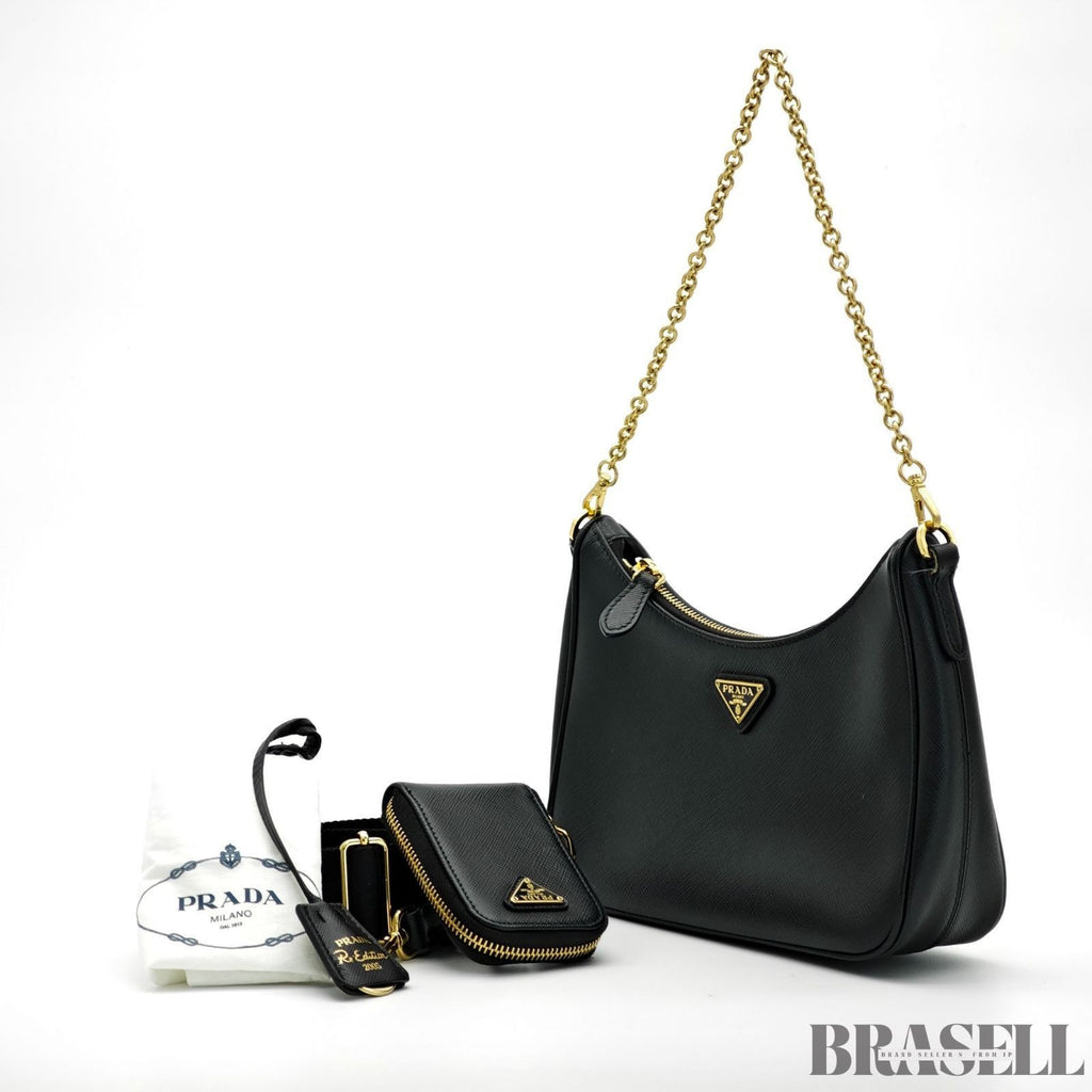 PRADA Re-Edition 2005 Saffiano 1BH204 Handbag Chain Nero Black Leather