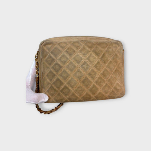 CHANEL Chain Shoulder Bag Matelassé Suede Leather Coco Mark Beige 【B】