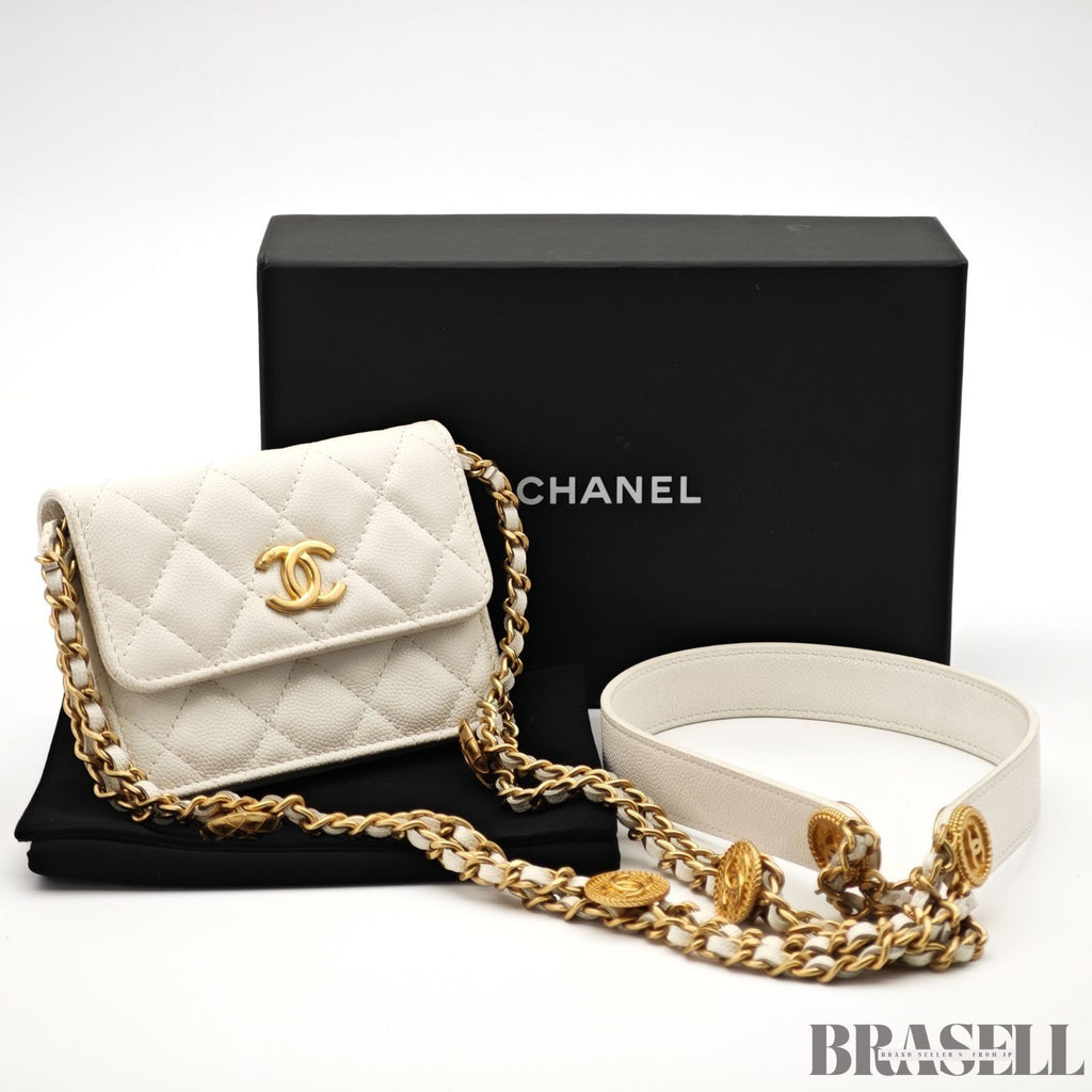 CHANEL Mini Matelasse Quilted Chain Shoulder Bag Women White w/Box Dust Bag
