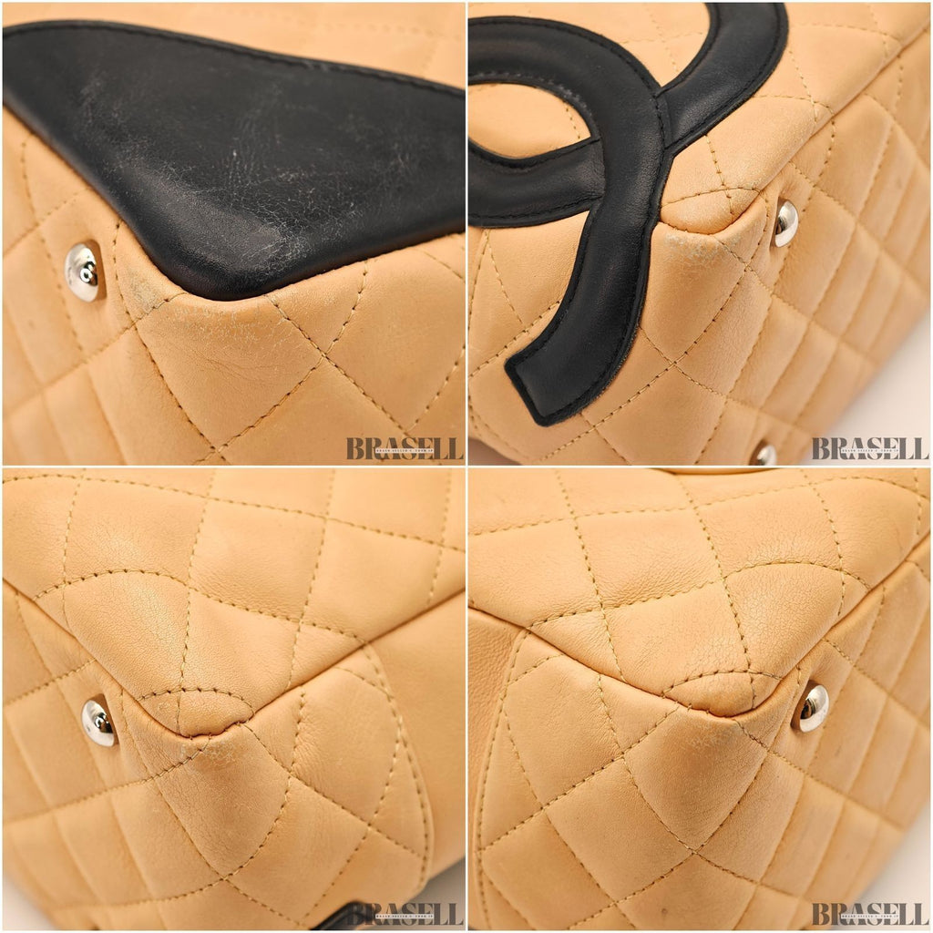 CHANEL Cambon Bowling Bag Handbag Leather Beige Black France Women