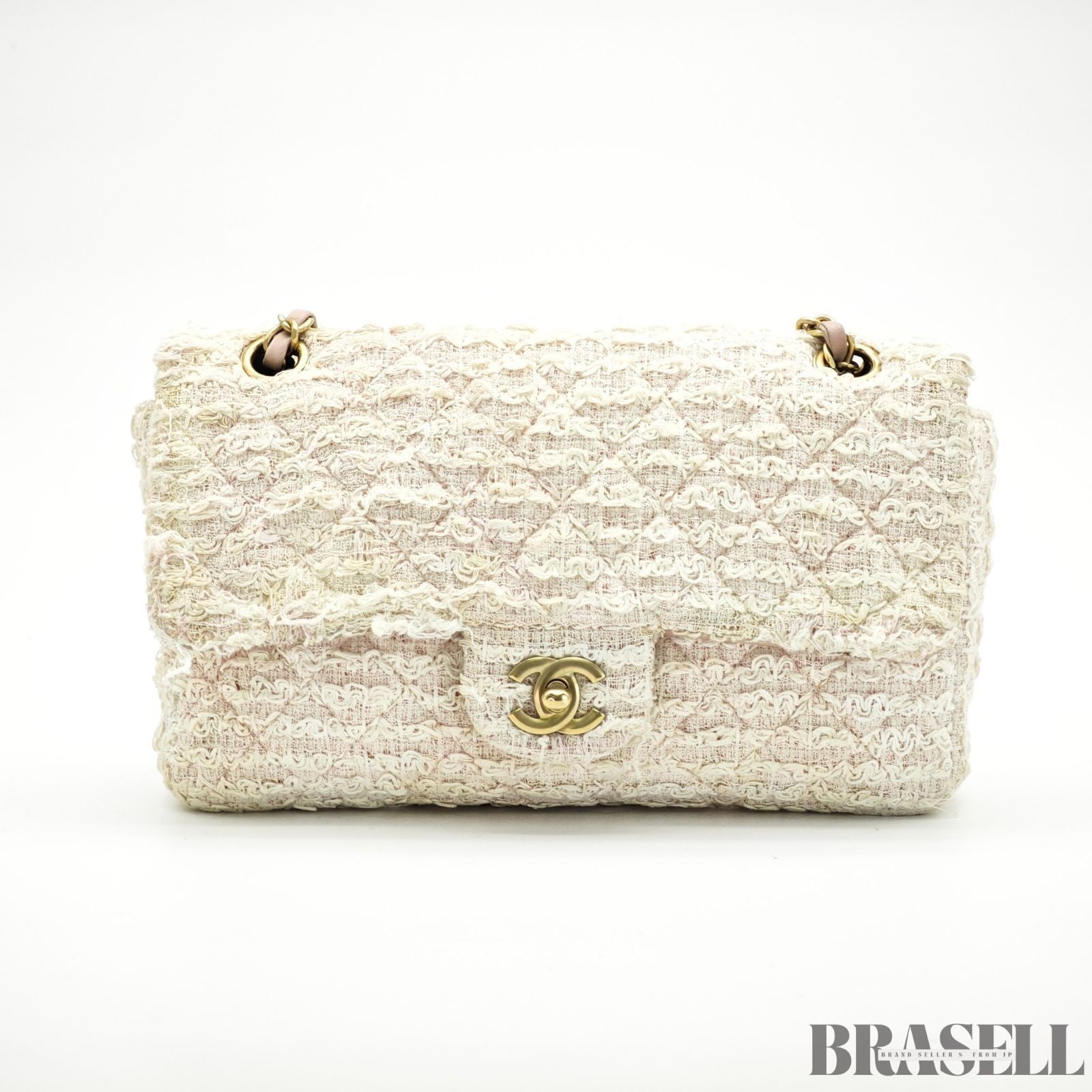 Chanel Matelassé Tweed Chain Shoulder Bag Pink White  Woman