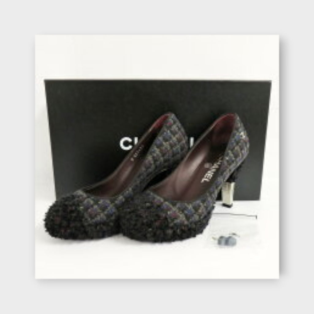 CHANEL Tweed Pumps G27495 Size 34.5 (21.5cm) Black with Coco Mark