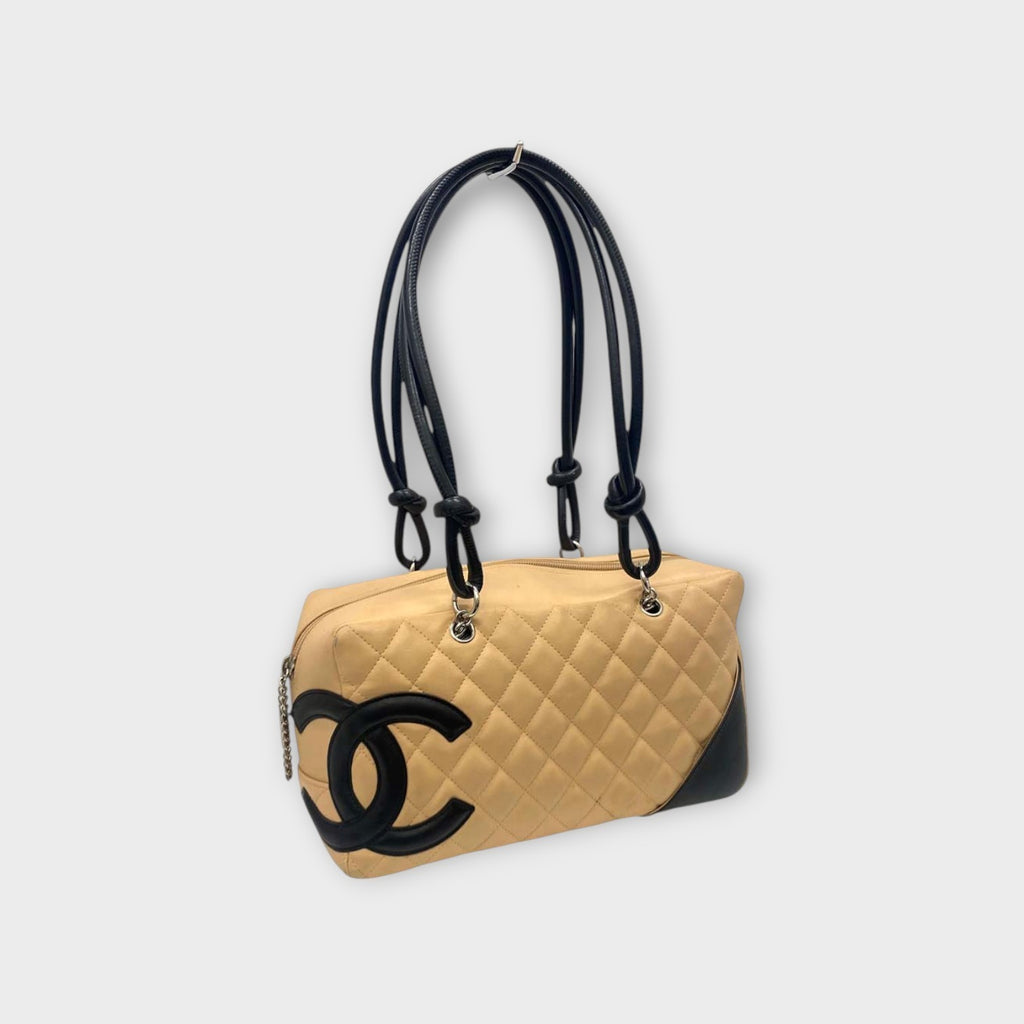 CHANEL A25171 Cambon Line Matelasse Bowling Bag Beige Black Handbag 【B】
