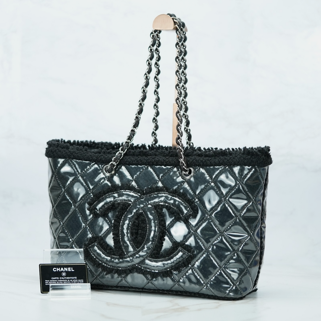 Last Sale CHANEL Funny Tweed Chain shoulder Tote Bag A47155 Plastics wool Black