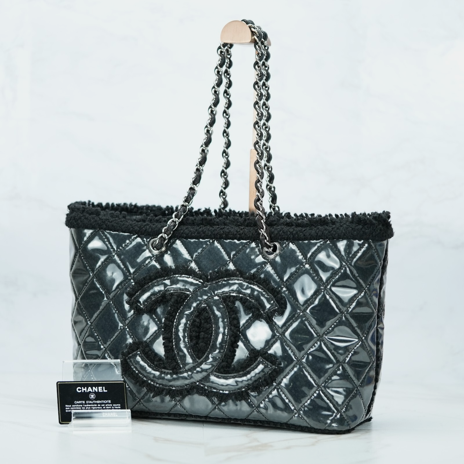 Last Sale CHANEL Funny Tweed Chain shoulder Tote Bag A47155 Plastics wool Black