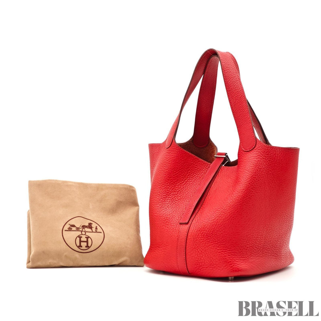 HERMES Picotin Lock MM Tote Bucket Handbag Leather Red w/ Dust Bag